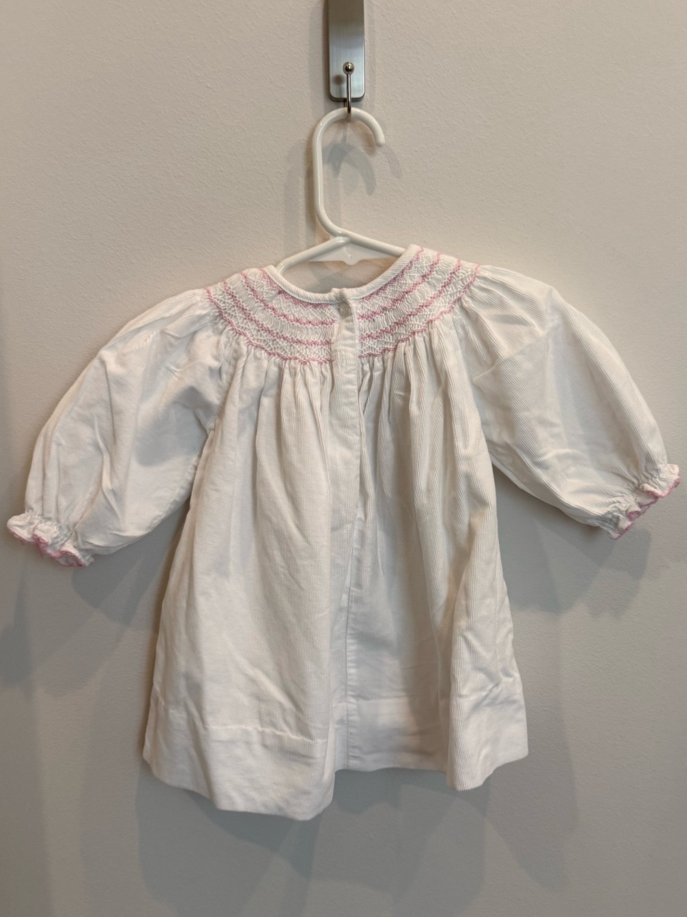 Petit Bebe White Corduroy Pink Smocked Bishop Dress 9M